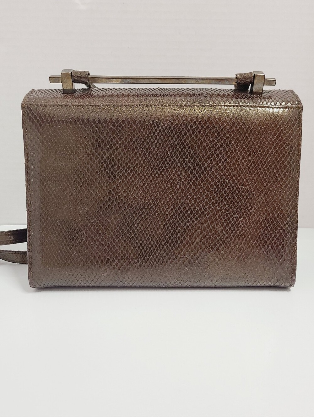 Stuart Weitzman Vintage Brown Snakeskin Embossed Leather Crossbosy Bag - Picture 3 of 16